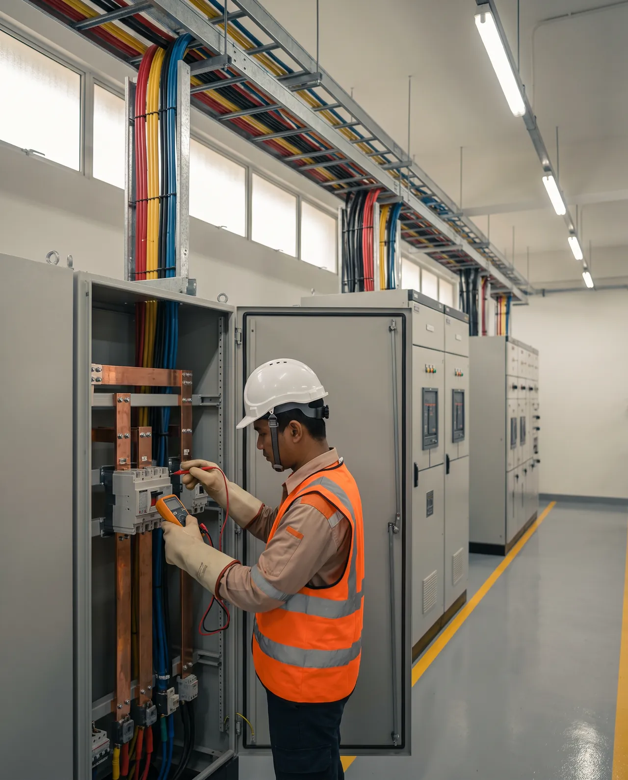 Electrician testing a low-voltage main switchboard with a multimeter in a factory switch room