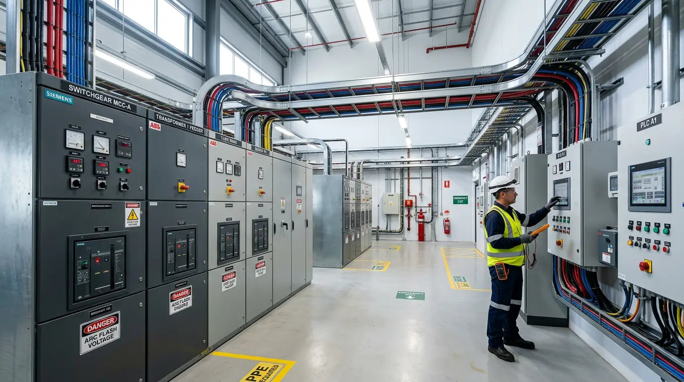 Switchgear room with an electrician working at a control panel